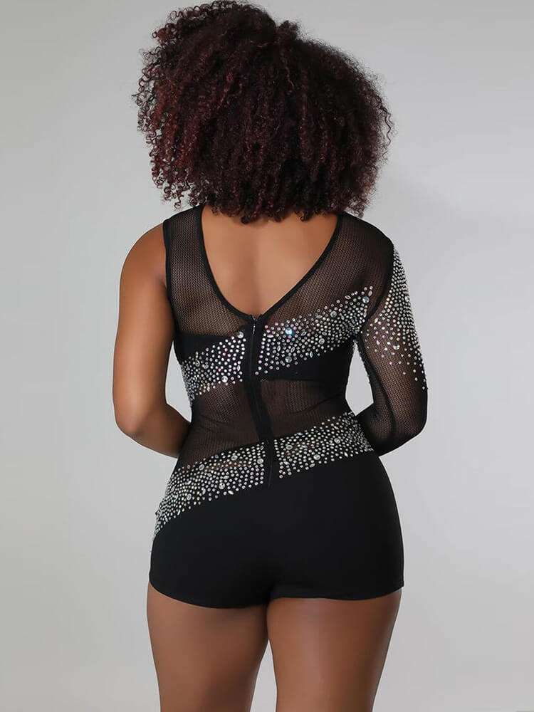 Rhinestone Mesh Patchwork Zip Up Short Jumpsuit