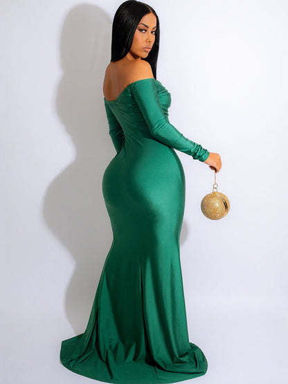 Long Sleeve Off Shoulder Ruched Maxi Dress