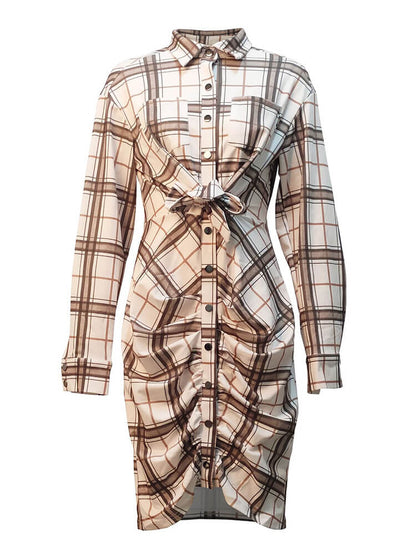 Vestidos midi fruncidos con estampado de cuadros de manga larga