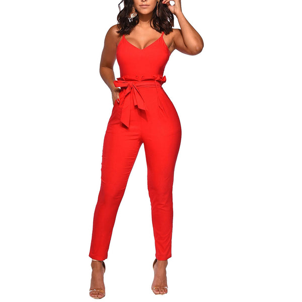 Spaghetti Strap Lace Up Jumpsuits With Pockets