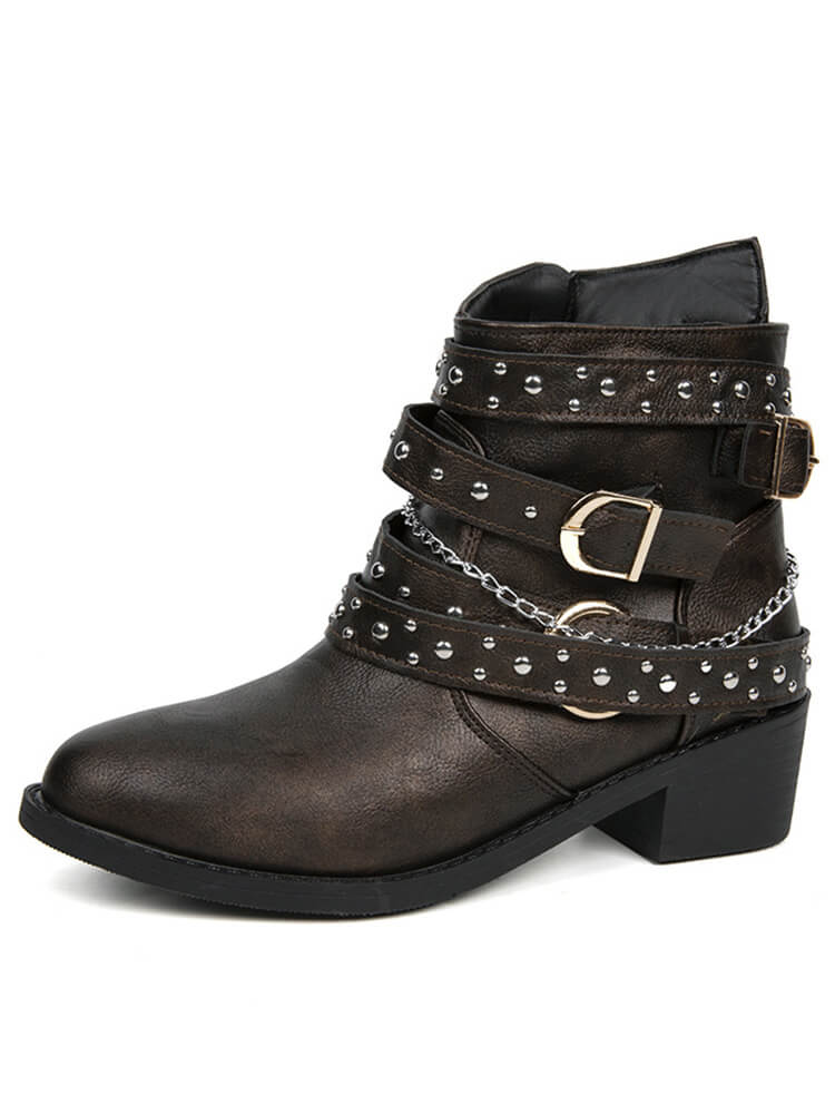 Botines de PU con tacón grueso y hebilla de cinturón