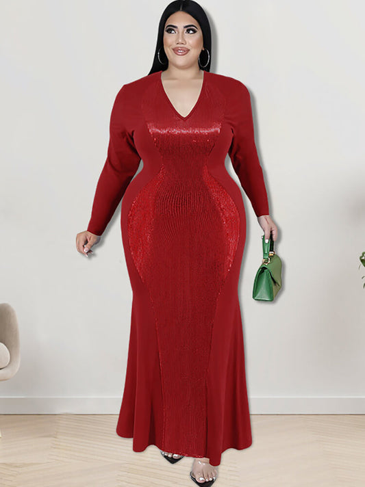 Long Sleeve Sequin Patchwork Maxi Dress