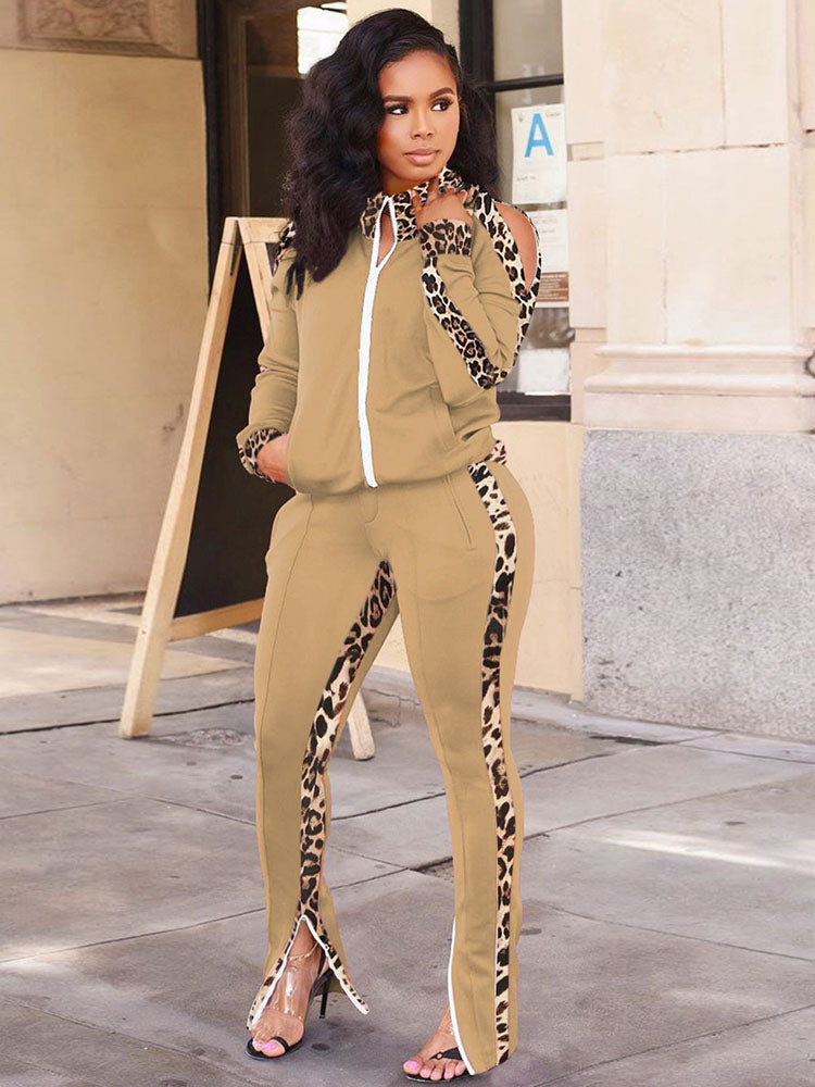 Trajes de pantalón de dos piezas con estampado de leopardo y patchwork