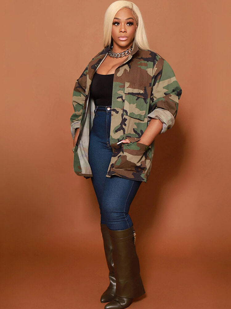 Long Sleeve Camouflage Printed Button Jacket
