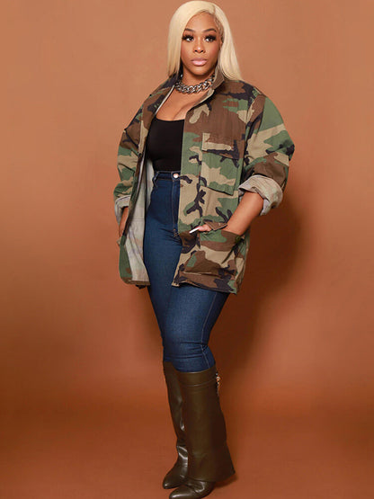 Long Sleeve Camouflage Printed Button Jacket