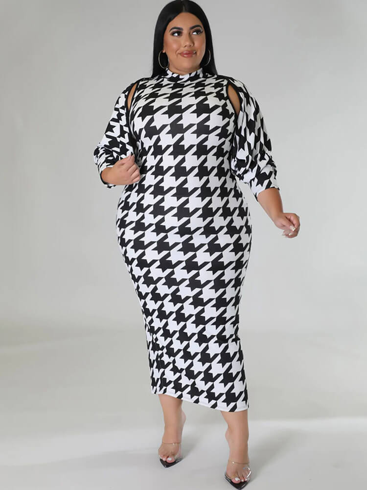 Two Piece Houndstooth Cardigan & Cut Out Midi Dress