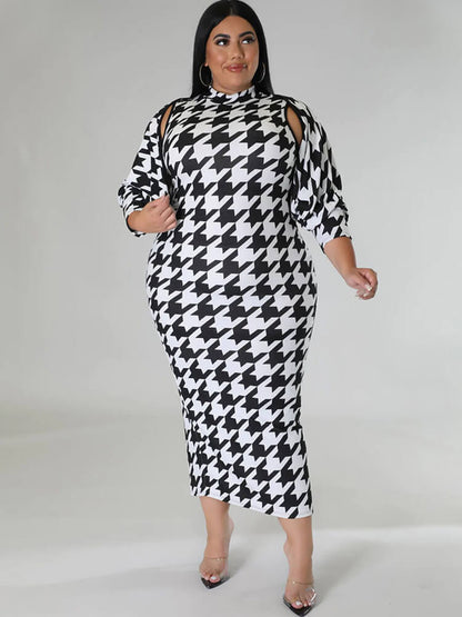 Two Piece Houndstooth Cardigan & Cut Out Midi Dress