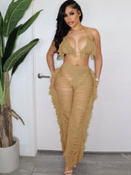 Two Piece Halter Tassel Top Bodycon Pants