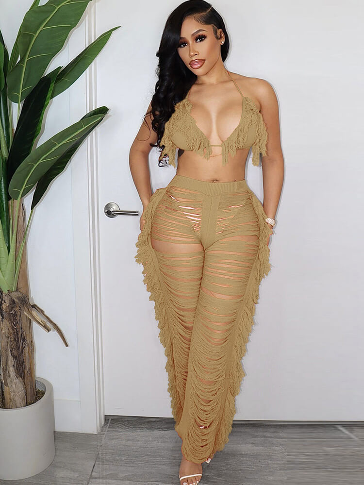 Tops con borlas halter de dos piezas y pantalones ajustados