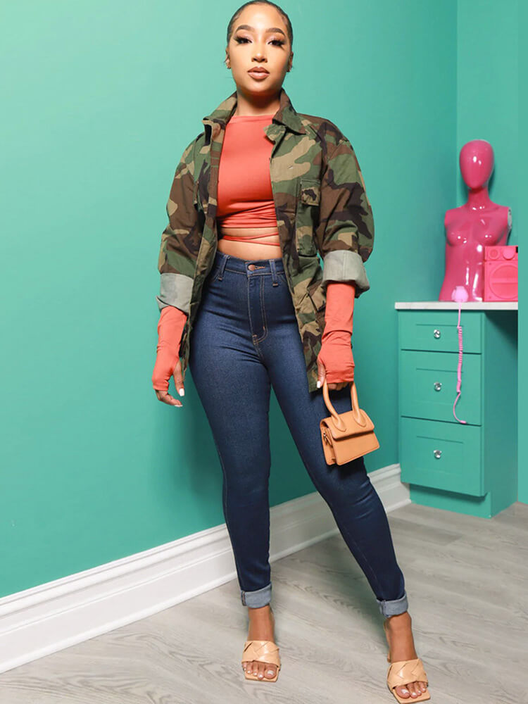 Long Sleeve Camouflage Printed Button Jacket