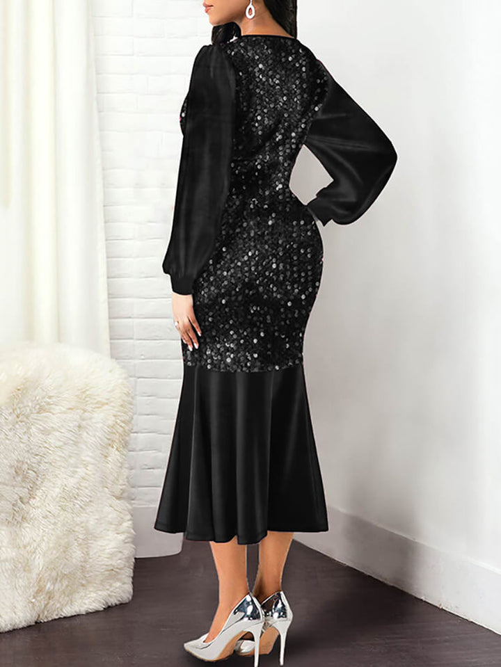 Sequin Patchwork Lantern Sleeve V Neck Bodycon Midi Dresses | Dresses ...