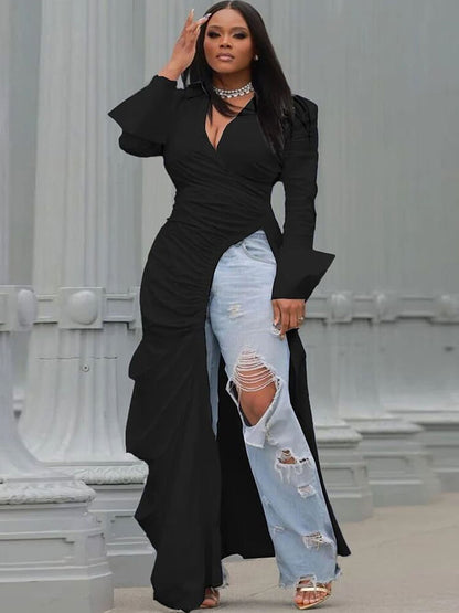 Tops divididos fruncidos con cuello en V de manga larga