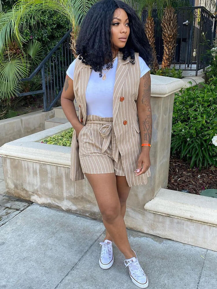 Trajes de chaleco tipo blazer casual de dos piezas a rayas