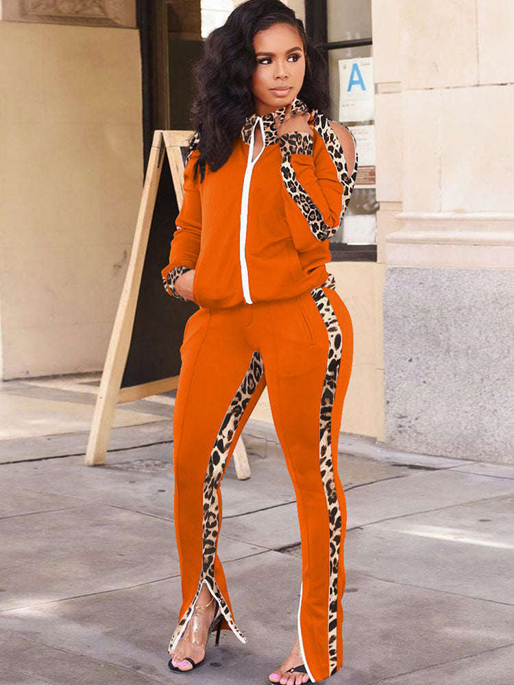 Trajes de pantalón de dos piezas con estampado de leopardo y patchwork