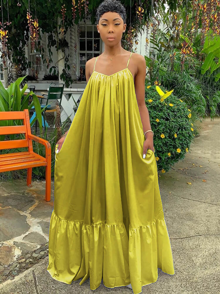 Vestidos largos con vuelo en la playa con volantes y tirantes finos de talla grande