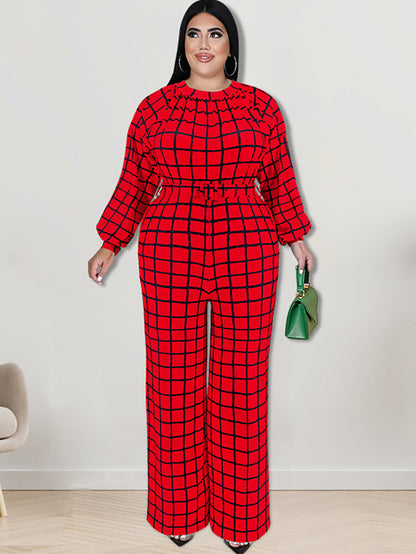 Long Sleeve Plaid Print Wide Leg Jumpsuit