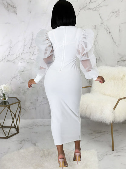 Vestidos midi ajustados con patchwork y manga farol