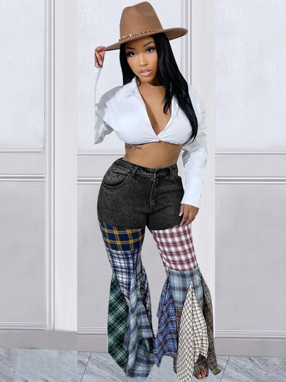 Vaqueros de mezclilla con estampado de cuadros