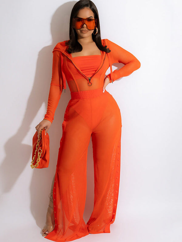 Three Piece Mesh Long Sleeve Pant Suits