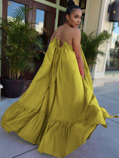 Vestidos largos con vuelo en la playa con volantes y tirantes finos de talla grande