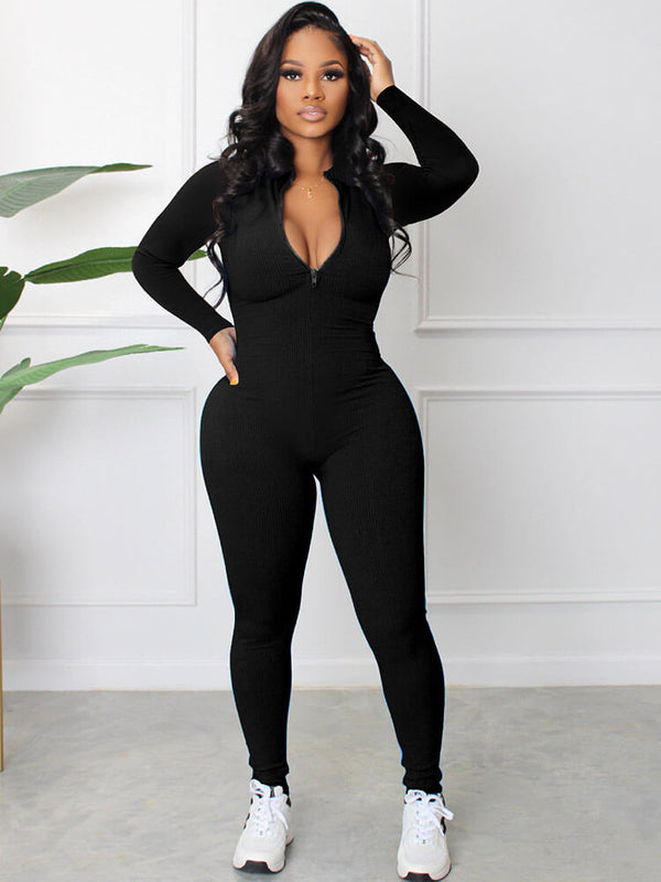 Long Sleeve Zipper Front Bodycon Jumpsuits