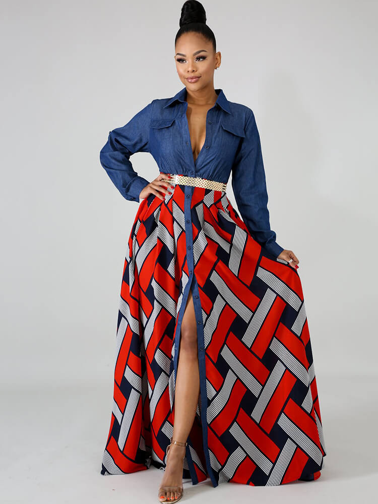 Vestidos largos de mezclilla de manga larga con patchwork a cuadros