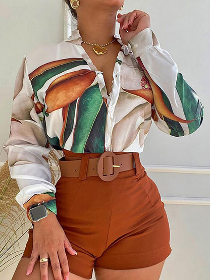 Camisa de manga larga de dos piezas y pantalones cortos de cintura alta