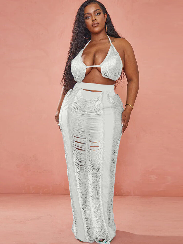 Tops con borlas de dos piezas y faldas largas ahuecadas