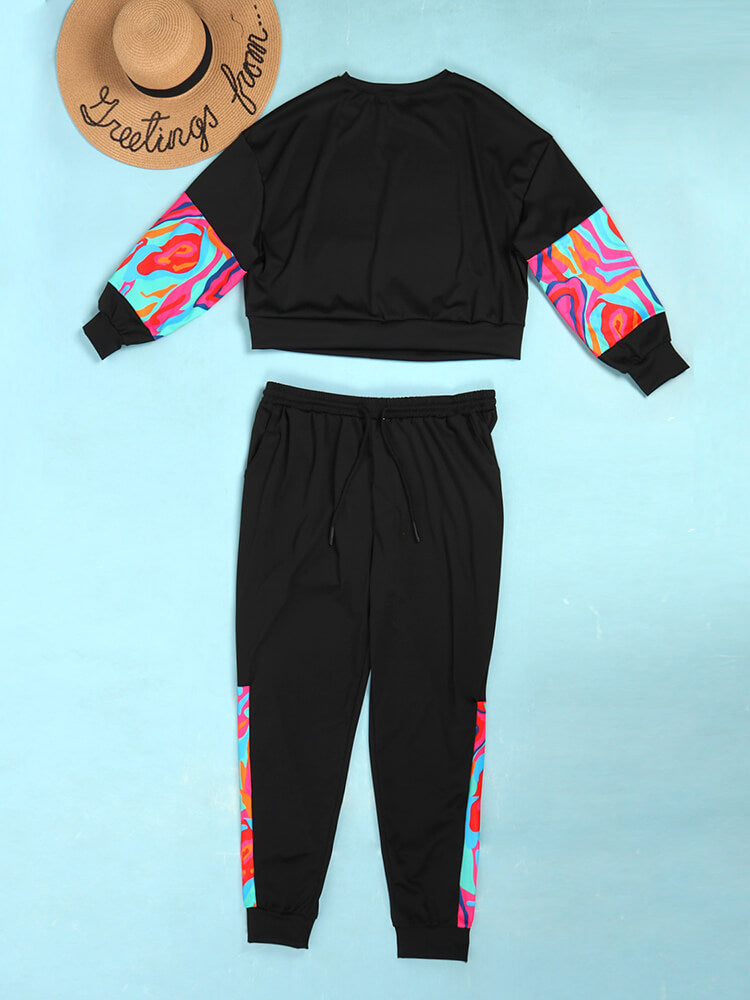 Two Piece Long Sleeve Print Patchwork Pullover Pants