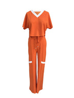 Tops de dos piezas de manga corta y pantalones con cordón