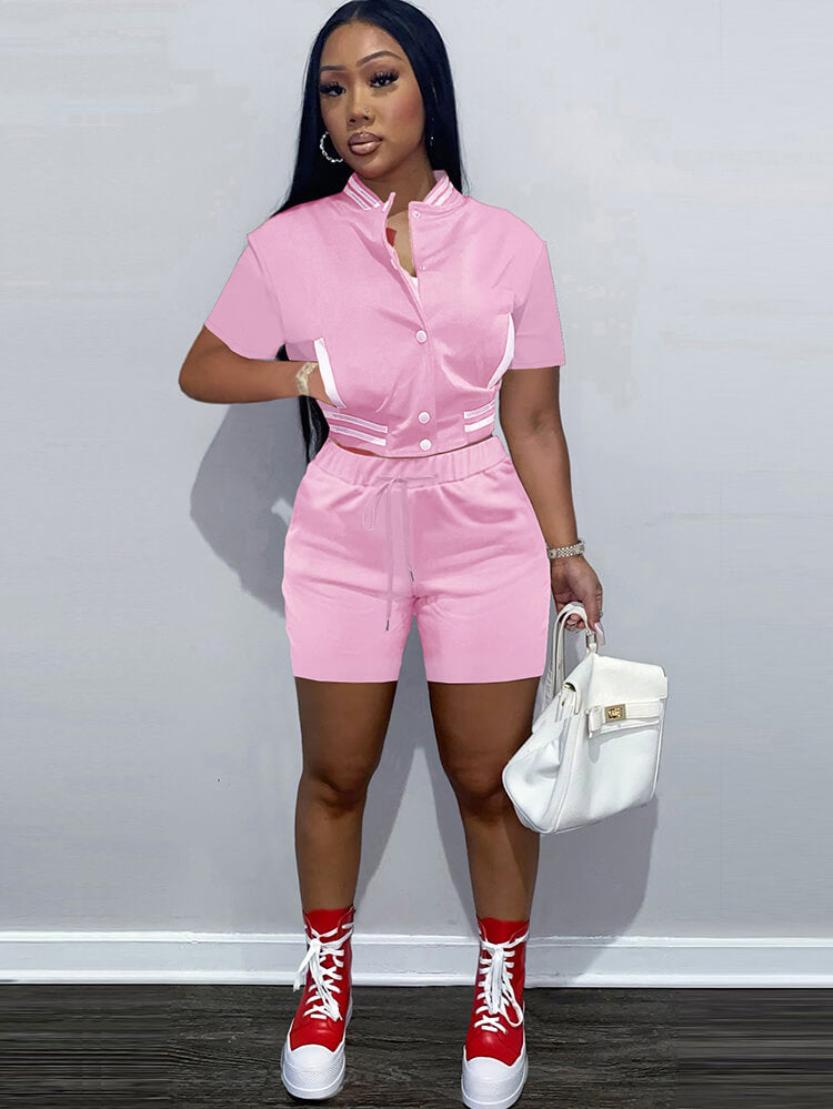 Chándal de béisbol de dos piezas con bloques de color y manga corta