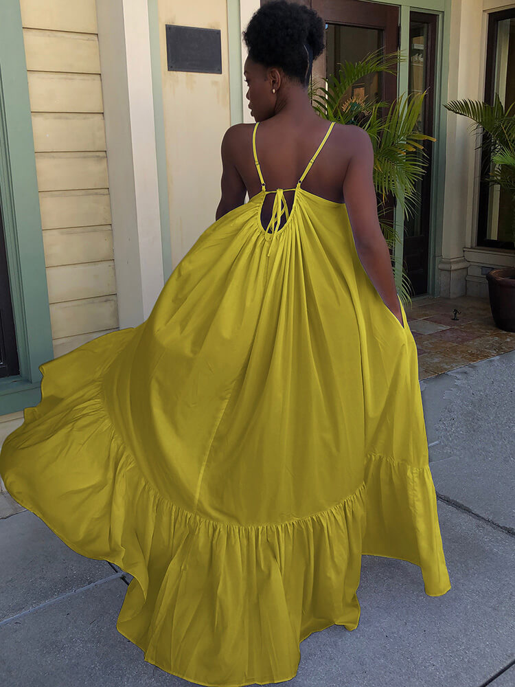 Vestidos largos con vuelo en la playa con volantes y tirantes finos de talla grande