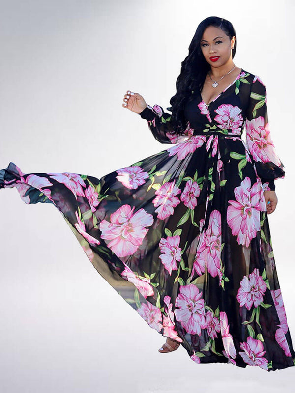 Floral Print Pleated Maxi Dresses