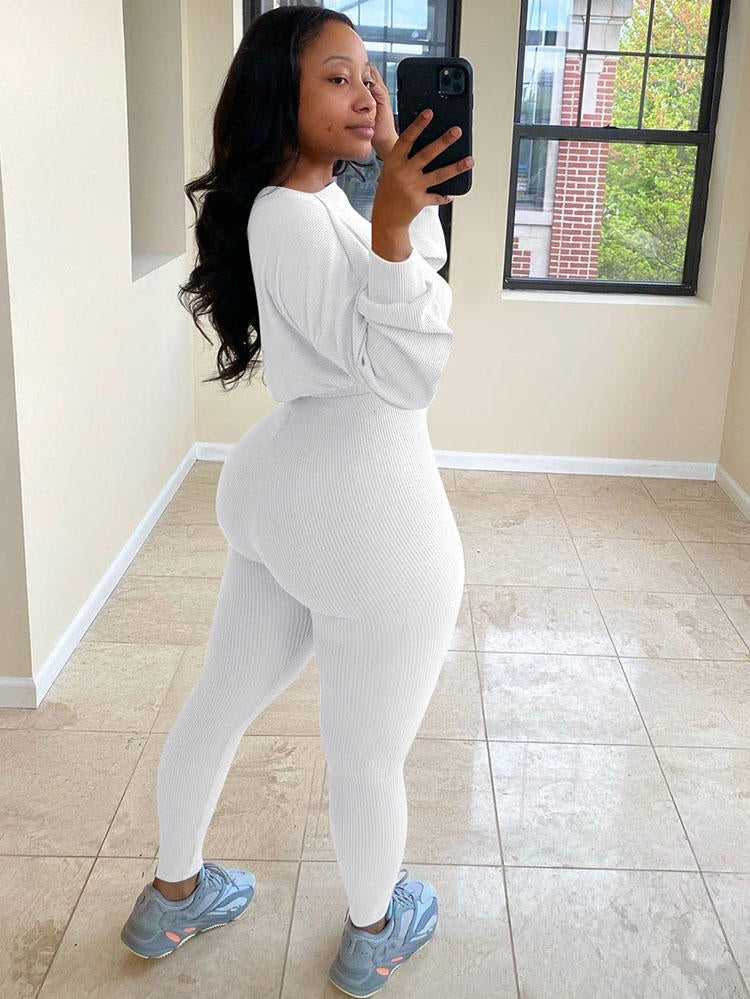 Tops de punto acanalado de dos piezas + pantalones pitillo