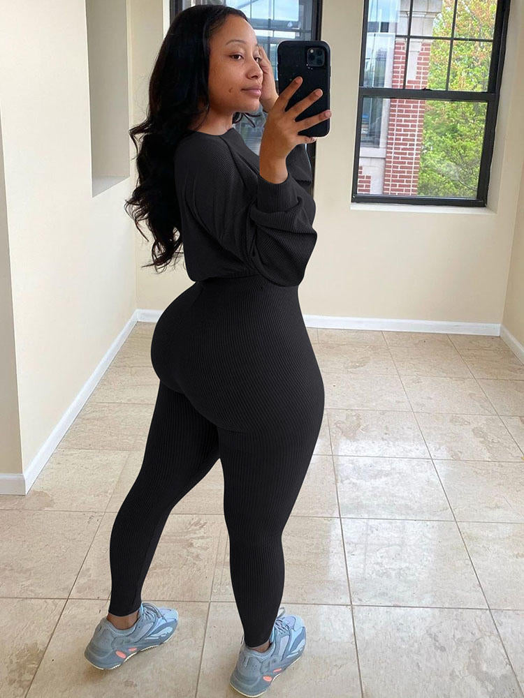 Tops de punto acanalado de dos piezas + pantalones pitillo