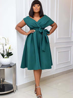 Vestidos midi con vuelo y pliegues con hombros descubiertos