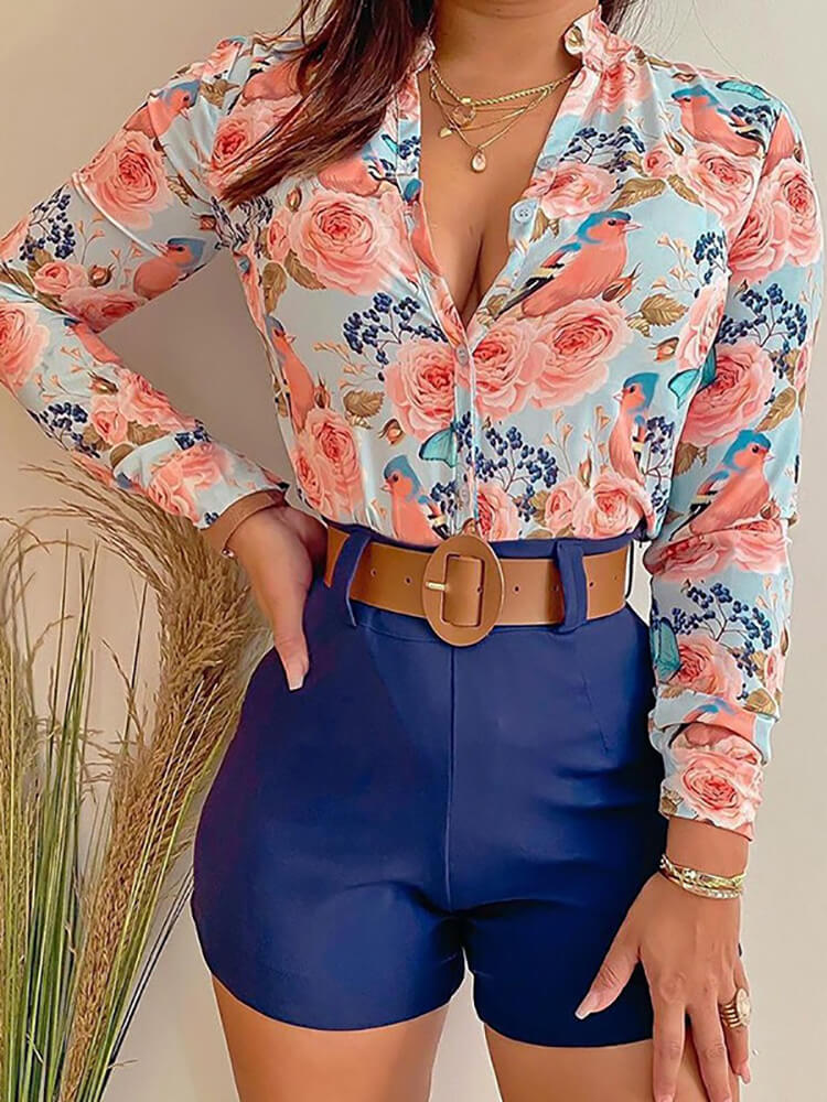 Camisa de manga larga de dos piezas y pantalones cortos de cintura alta