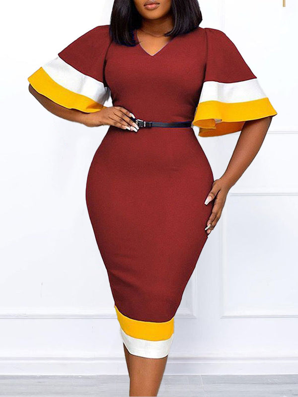 Bell Sleeve Color Block Bodycon Midi Dresses