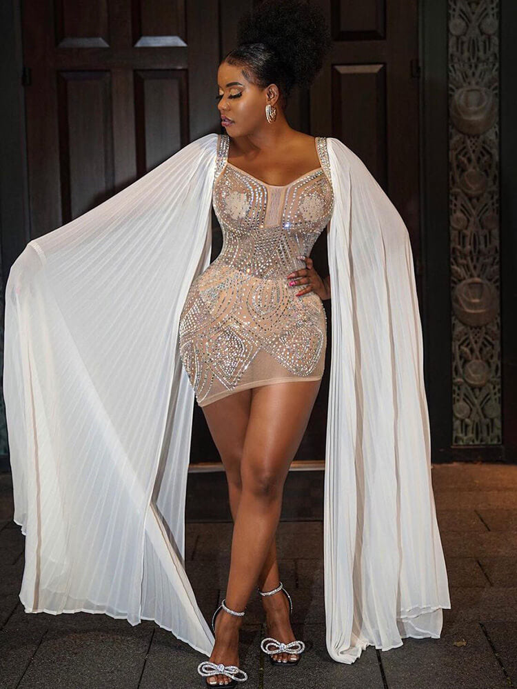 Cloak Cape Sleeve Sequins Bodycon Mini Dress