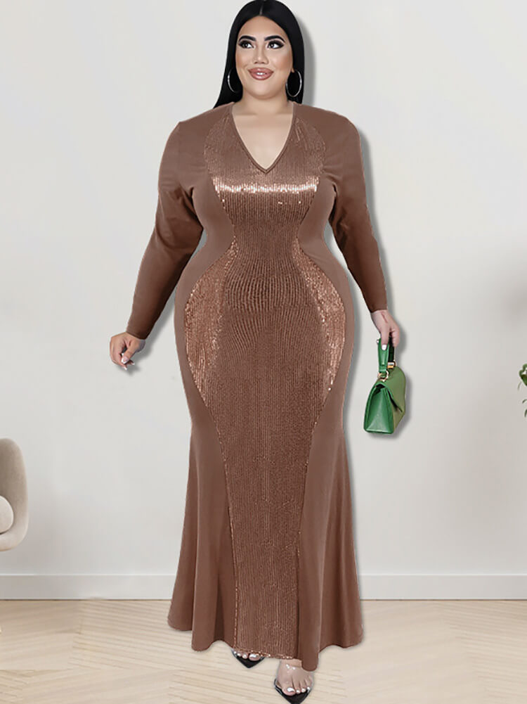 Long Sleeve Sequin Patchwork Maxi Dress