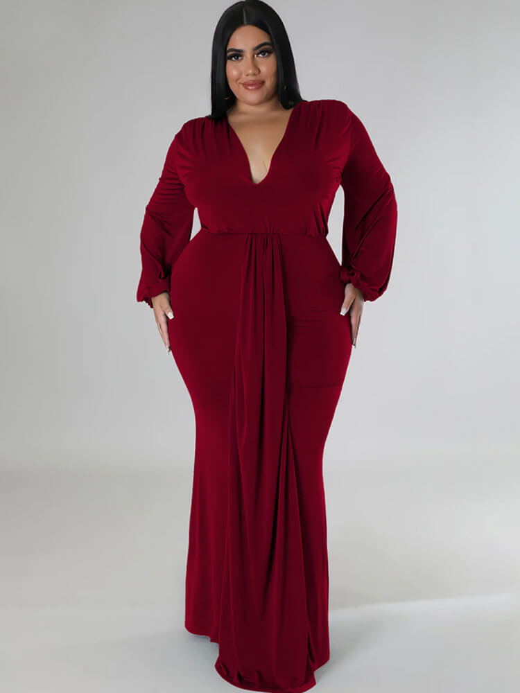 Long Sleeve V Neck Bodycon Maxi Dress