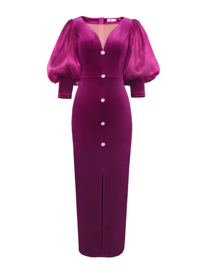 Lantern Sleeve Mesh Patchwork Split Midi Dress