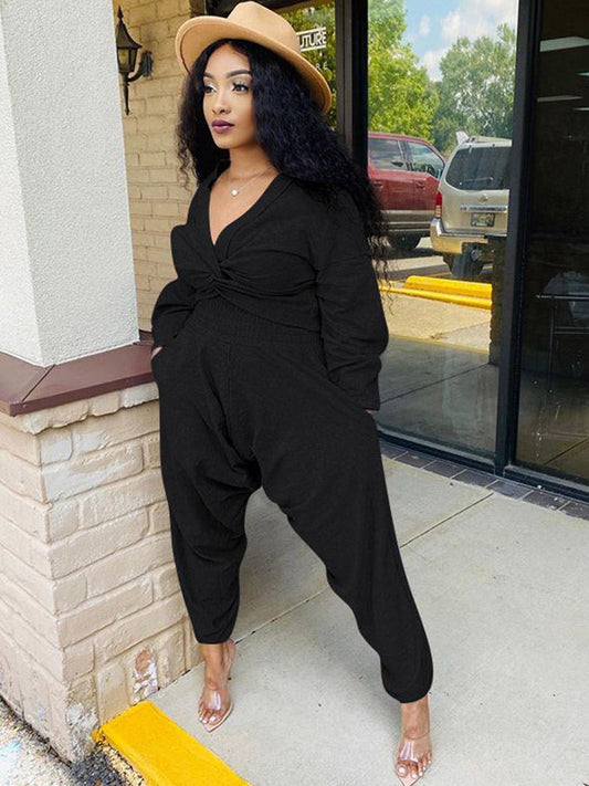 Tops cortos + pantalones con nudo y cuello en V de dos piezas