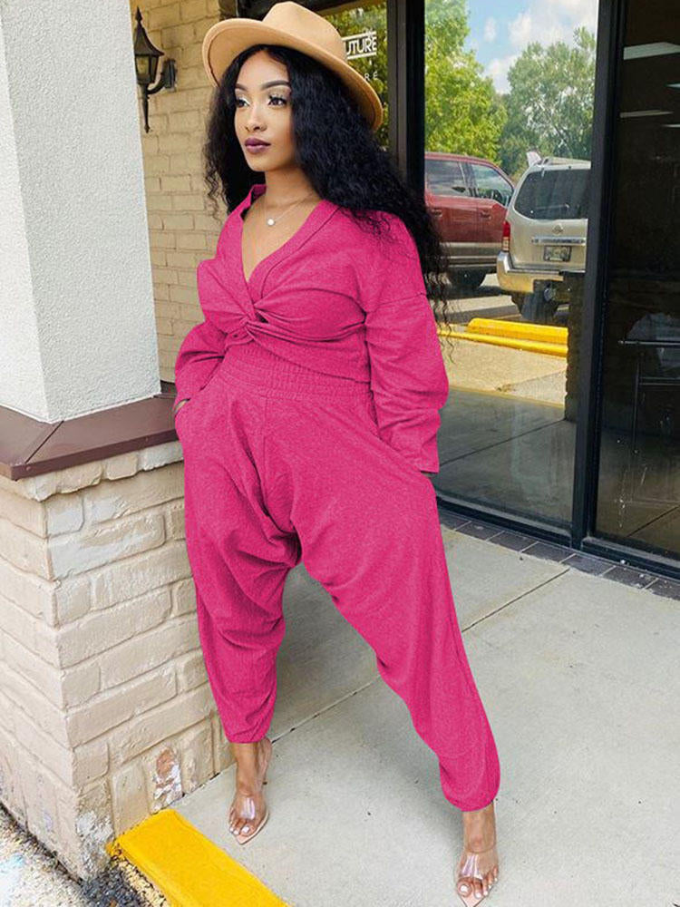 Tops cortos + pantalones con nudo y cuello en V de dos piezas