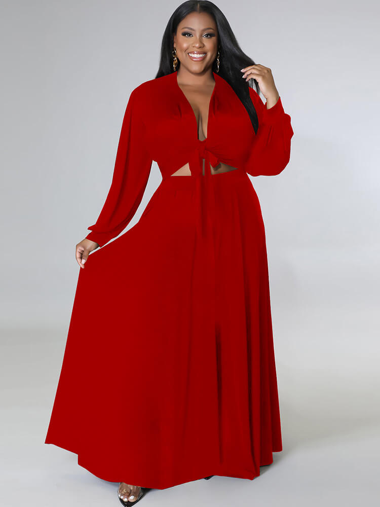 Two Piece Long Sleeve Crop Top Maxi Skirts