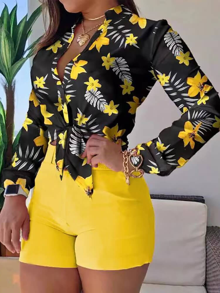 Camisa de manga larga de dos piezas y pantalones cortos de cintura alta