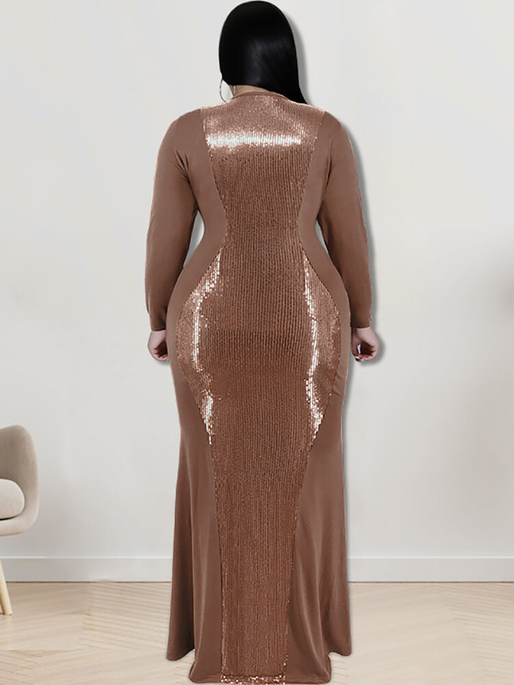 Long Sleeve Sequin Patchwork Maxi Dress