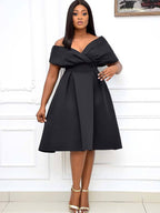 Vestidos midi con vuelo y pliegues con hombros descubiertos