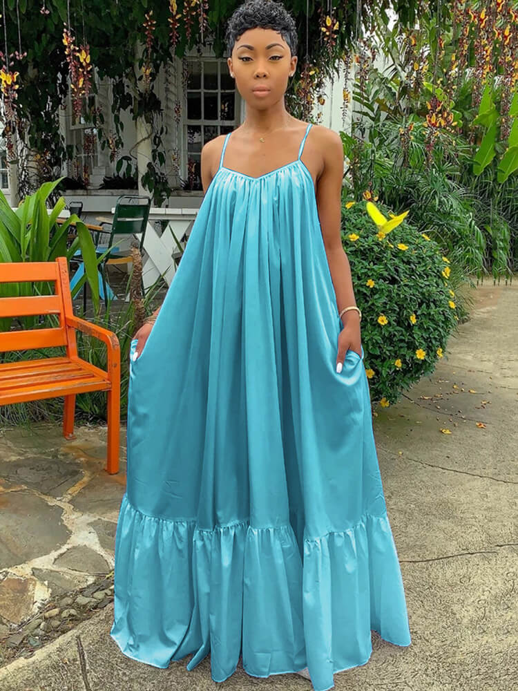 Vestidos largos con vuelo en la playa con volantes y tirantes finos de talla grande