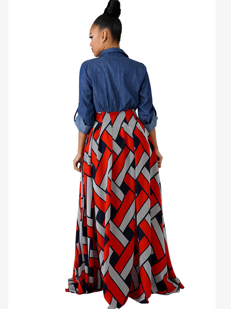 Vestidos largos de mezclilla de manga larga con patchwork a cuadros